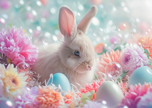 Adorable brown bunny sitting amidst a bed of colorful easter eggs and mixed spring flowers