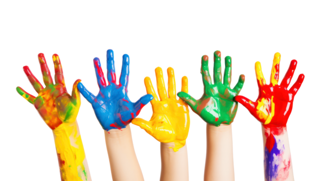 Many children's hands paint colorful paint on children's raised hands, isolated on a white transparent background with a clipping path. Png file - Powered by Adobe