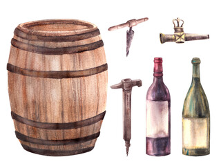 Wooden barrel with corkscrew, tap and hammer for wine, beer, cognac and other alcoholic beverages. Hand drawn watercolor illustration for drink menu, winemaking, wine list Isolated on white background
