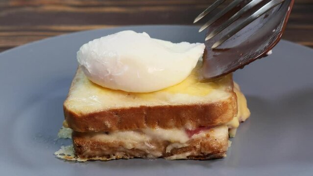 Croque madame, grilled sandwiches with sliced ham, melted cheese, dijon mustard and poached egg on  bechamel sauce.