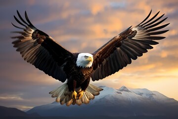A majestic bald eagle soaring high in the sky, wings spread wide against a backdrop of clouds.