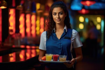 Fototapeta premium Pretty waitress holding an tray