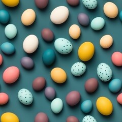 Collection of diverse multicolored easter eggs spread over a dark grey background with a matte look