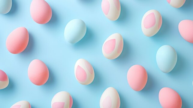 A creative presentation of two-toned easter eggs in a pleasing blue and pink color scheme