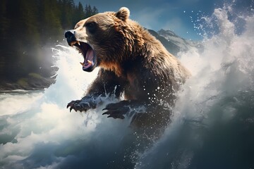 A majestic grizzly bear catching a leaping salmon in a fast-flowing river during the salmon run.