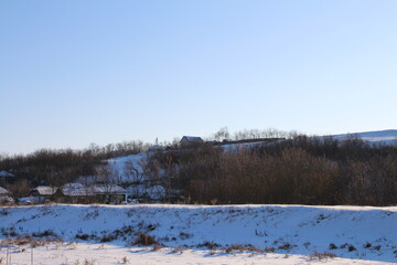 A snowy field with trees and a house in the distance