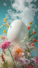 Obraz na płótnie Canvas Atmospheric shot of a large white egg complemented by soft-hued flowers and a gentle mist