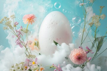 A white egg stands encased in an ethereal world of underwater bubbles and a gentle mist of fog among flowers