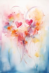 Obraz na płótnie Canvas Abstract watercolor artwork with vibrant hearts and splash effects, evoking emotions of love and passion.