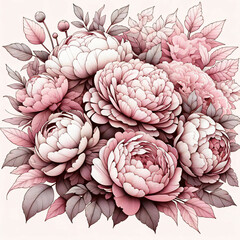 Dense cluster of overlapping peony flowers in monochromatic pink tones, accompanied by delicate leaves and buds