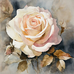 Watercolor blooming rose in muted shades of pink and cream