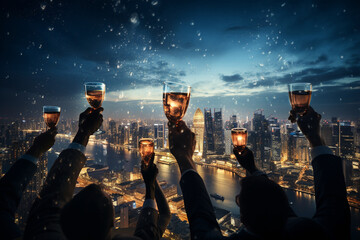 A group of successful entrepreneurs enjoying a moment of triumph, toasting to their achievements against a backdrop of a modern city skyline. - obrazy, fototapety, plakaty
