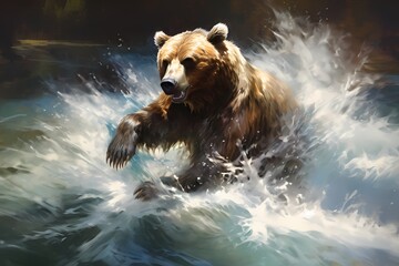 A majestic grizzly bear catching a leaping salmon in a fast-flowing river during the salmon run. - obrazy, fototapety, plakaty