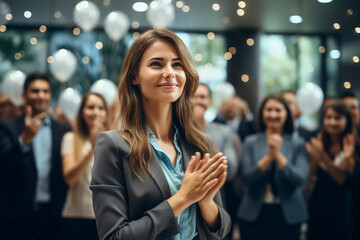 A businesswoman receiving congratulations and applause from colleagues for being recognized as an industry leader and influential figure. - obrazy, fototapety, plakaty