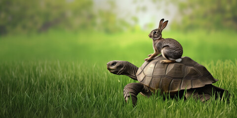 Hare and Tortoise Concept with the Hare riding on the toroise's back. - obrazy, fototapety, plakaty