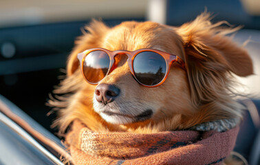dog in a convertible with sunglasses and scarf