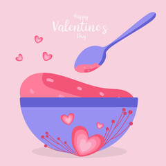 Flat Design  Happy Valentine's Day Illustration with Jam at Plate and Spoon