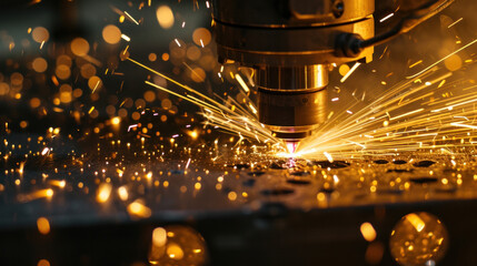 Fiber laser cutting machine cutting machine cut the metal plate. The hi-technology sheet metal manufacturing process by laser cutting machine. - obrazy, fototapety, plakaty