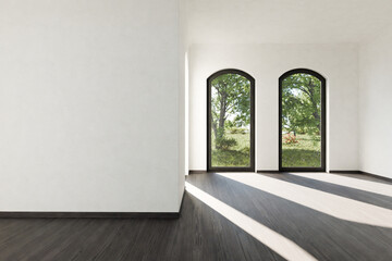 Fototapeta premium frontal view on empty luxurious loft apartment with floor-to-ceiling windows and panoramic view; modern minimalistic interior design; bright daylight; 3D rendering