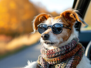 dog in a convertible with sunglasses and scarf