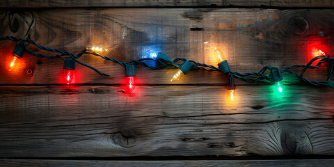 Naklejka premium Christmas lights on wooden texture glitter background