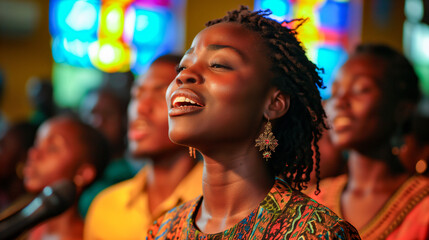 Group Of Christian Gospel Singers Praising Lord Jesus Christ. Song Spreads Blessing, Harmony in Joy and Faith. Faith in religion and belief in God. Power of hope or love and devotion.	 - obrazy, fototapety, plakaty