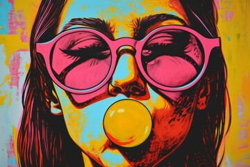 a pulp portrait of a young girl blowing a bubble  gum , posing on camera, nostalgic retro 80s mood