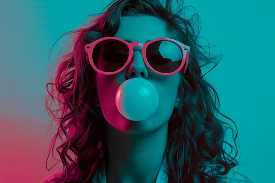 a pulp portrait of a young girl blowing a bubble  gum , posing on camera, nostalgic retro 80s mood