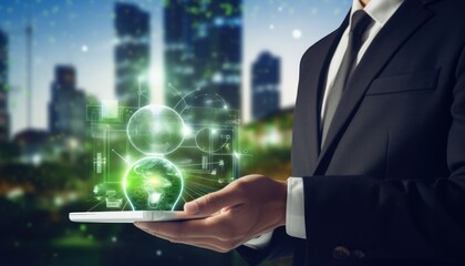 Human interaction of advanced technology based on AI hologram with greenery city concept, eco-friendly city with hologram network light bulb screen icons for energy source renewable.