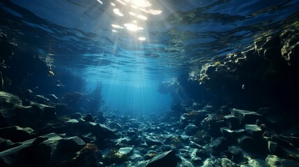 Fototapeta na wymiar Submerged Depths: Dark Blue Ocean Surface Seen from Underwater