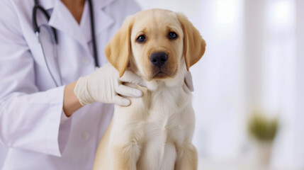 Golden retriever puppy at the veterinarian. Veterinary examination of dog