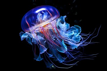 A mesmerizing shot of a bioluminescent jellyfish glowing in the depths of the ocean at night.