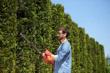 Smiling handyman in glasses trimming, shaping conifer hedge with modern electric trimmer at sunny day. Side view of happy, focused man pruning evergreen bushes outdoors. Concept of gardening services.