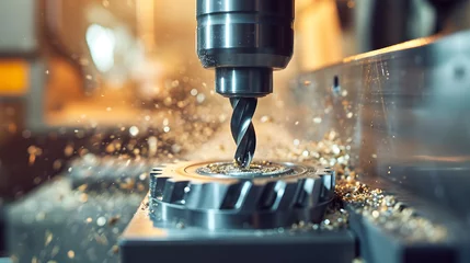 Foto op Plexiglas Precision CNC Machining Metalwork with Sparks Industrial Drilling Process Closeup © John
