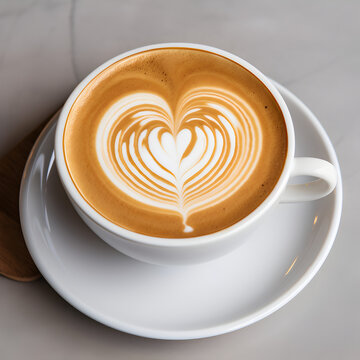 A neutral coffee with heart design sitting on top of white plate.