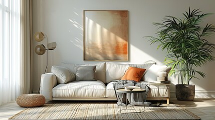 Designer cozy simple living room in beige color wall with a white sofa, colorful picture, palm plant, window and natural carpet
