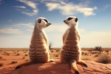 A pair of curious meerkats standing upright, scanning the horizon for potential danger in the desert.