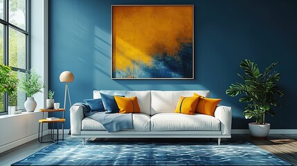 Modern designer living room in blue with a yellow sofa, painting, floor-to-ceiling window and table