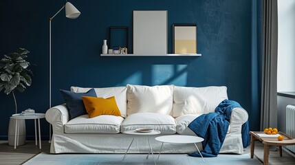 Modern designer living room in deep blue with a white sofa, painting, lamp, empty white frames and table	
