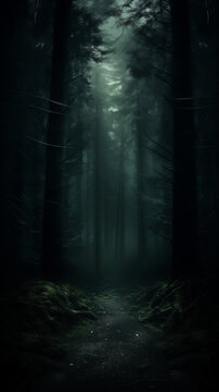 Misty forest in the night, dark scary foggy landscape © Karlicia