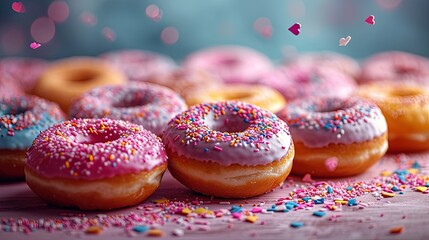 Delicious pink donuts with colorful sugar glaze and sprinkles lie. Tasty, but harmful not healthy fatty food, fast carbohydrates - obrazy, fototapety, plakaty