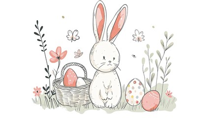 White cute bunny illustration drawn in a minimalist line style with a basket of colored eggs for Easter
