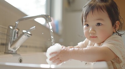Japanese child washes his hands with soap under the tap. hand hygiene concept from childhood