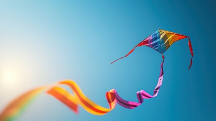 Multi-colored rainbow air kites fly in the clear sky. concept of lightness, joy and freedom, happy childhood