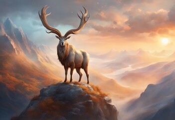 Image of markhor standing on the peak of mountains.