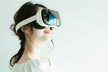 VRゴーグルをつけた日本人の女性のメタバースイメージ（メタバース・VR・バーチャルリアリティ・教育）