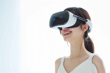 VRゴーグルをつけた日本人の女性のメタバースイメージ（メタバース・VR・バーチャルリアリティ・教育）
