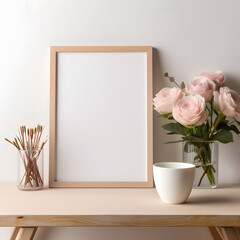 a frame and flowers on a table