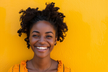 Happy African American woman laughing heartily, wearing yellow costume, isolated on bright yellow background,black history month,Black lives matter.