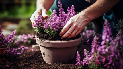 Fototapeta premium gardeners hand planting heather flowers in pot with soil